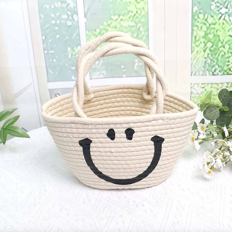 Cotton Rope Bag  snack toy storage bag    smiling face pattern cartoon lovely cotton thread bag    female kid handbag 1