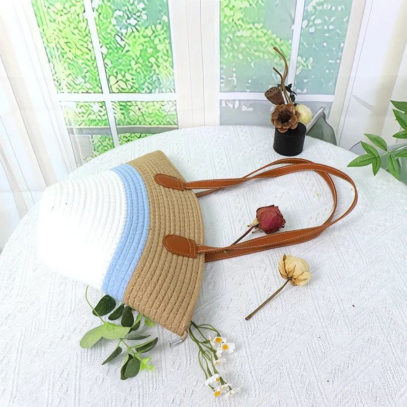 Cotton Rope Bag   Ins commuting one-shoulder bag    relaxing high-class fashionable beach bag  leather shoulder strap design   bag body with matching color design 1