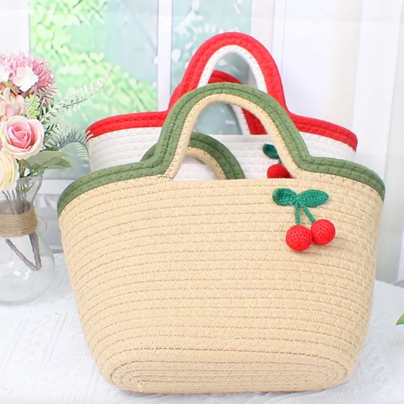 Sac en coton au crochet, décoration de feuilles de cerisier et de feuilles vertes, design court double, grande capacité 1