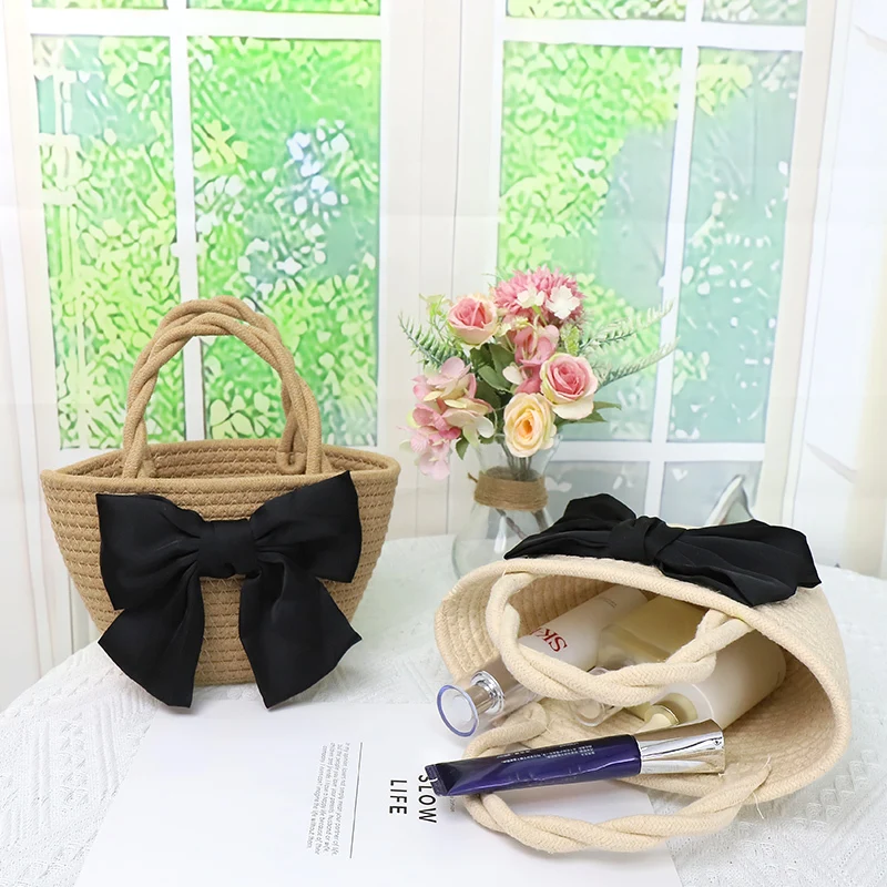 Cotton crochet bag   large black bow knot design  double handle cotton rope reinforcement design    various colors 1