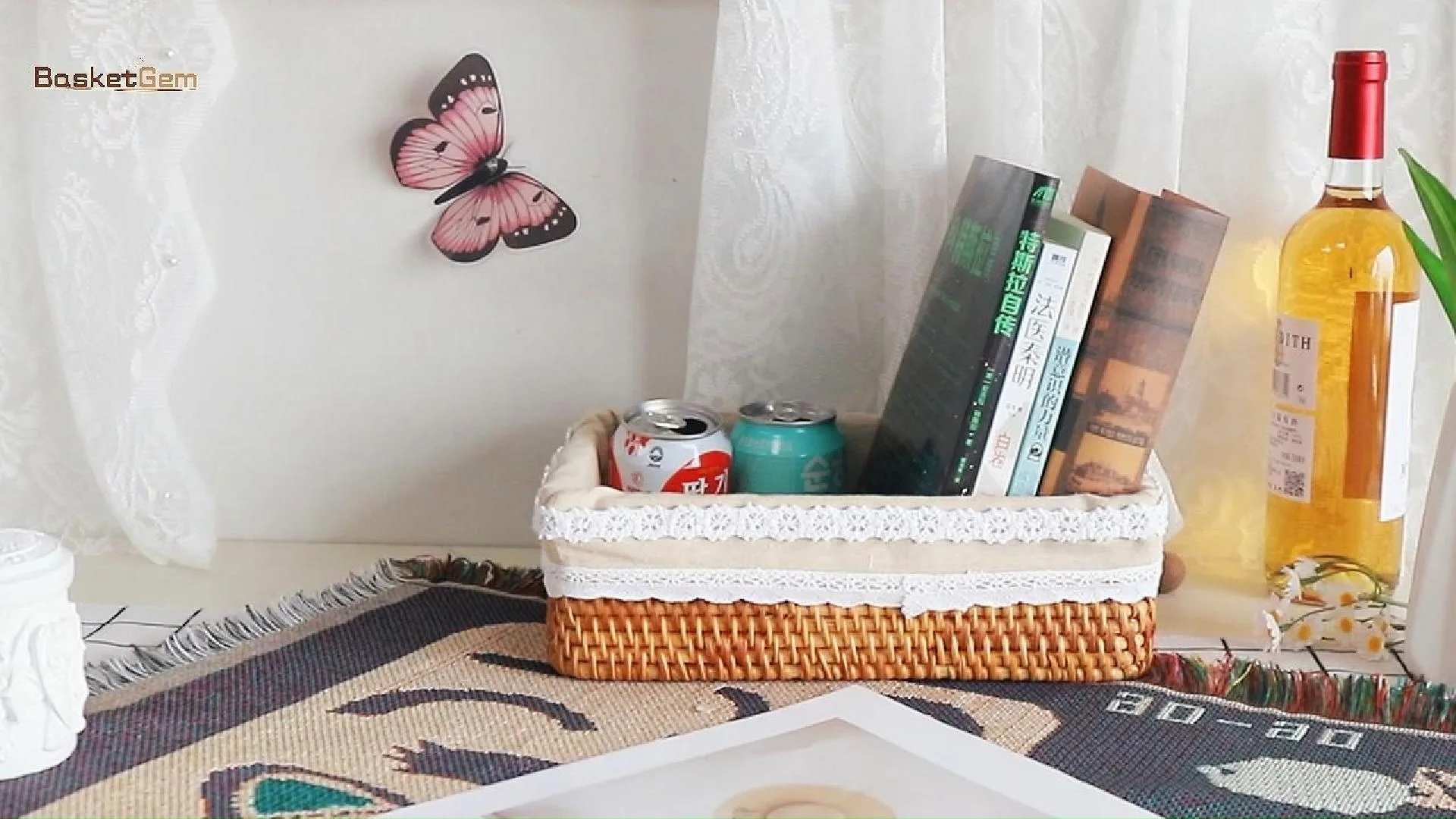 Panier de rangement rectangulaire en rotin naturel, doublure en coton doux et lin + dentelle romantique, pratique et beau 1