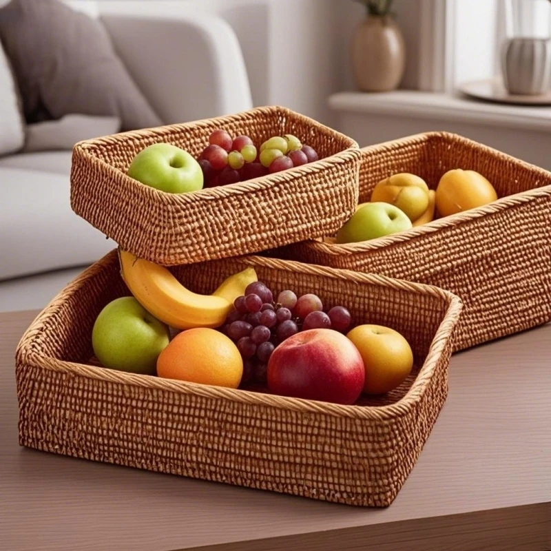 Natuurlijke houten kleur strak geweven rattanlade in drie maten voor thuis of hotel 1