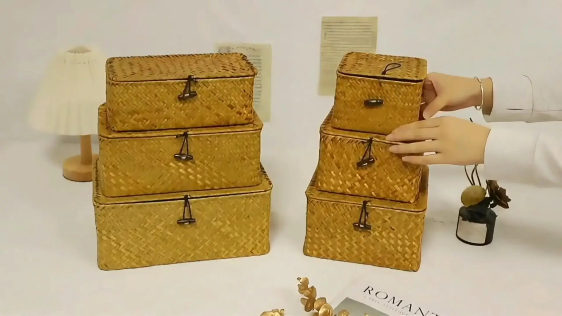 Rectangular shape straw storage basket with the cover  home storage basket  various sizes   Basket Gem 1