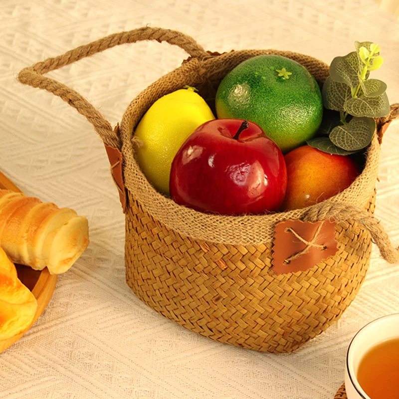 Straw Fruit Basket  collection and storage basket  handle design   two sizes 1