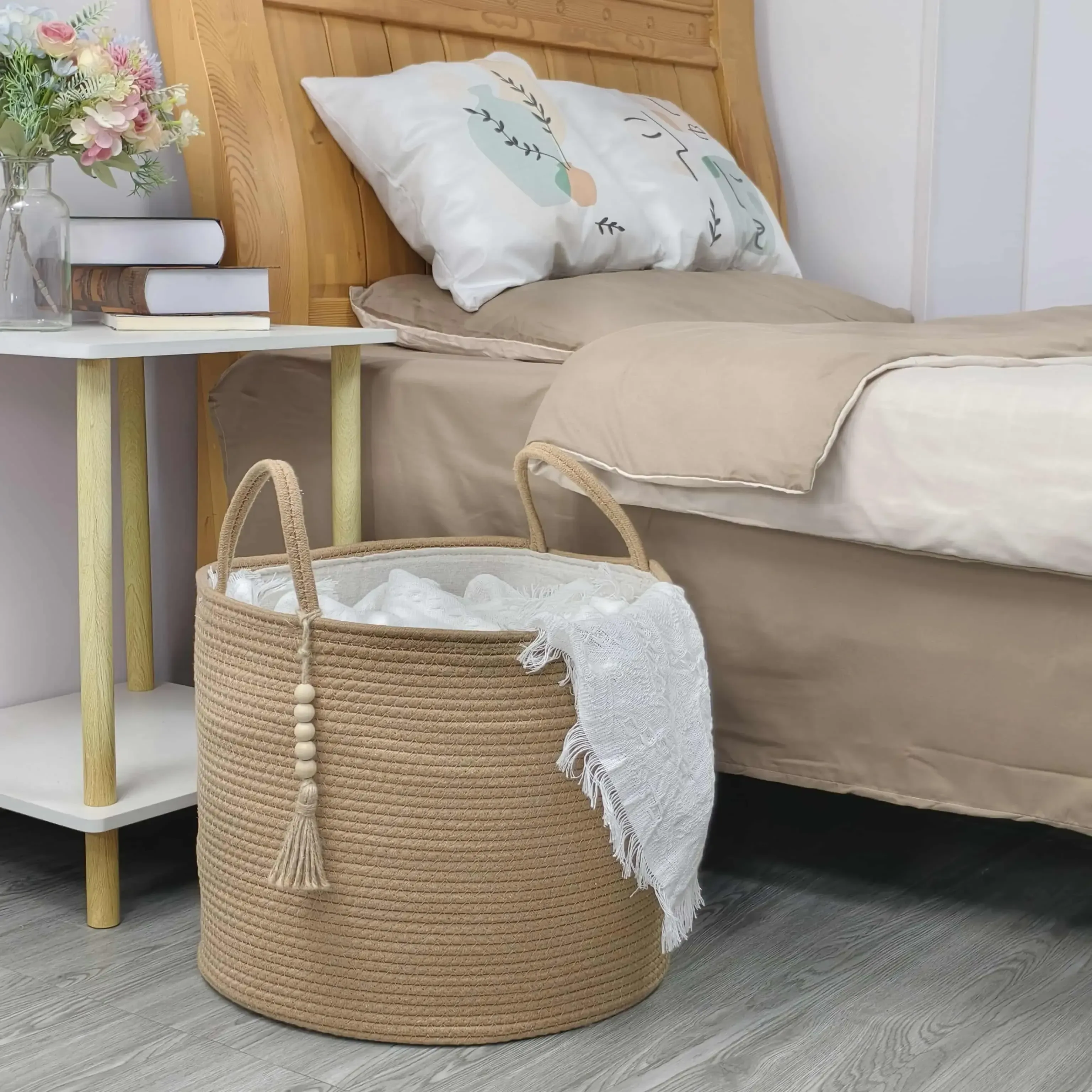 Cotton Rope Laundry Basket with bead pedant and large capacity(16*14 inch)-Basket Gem 1