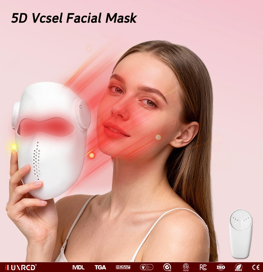 Máscara facial láser ILUXRED 5D Vcsel | 4 longitudes de onda | Máscara de fototerapia de silicona con certificación FDA, CE y ROSH, con batería recargable 1