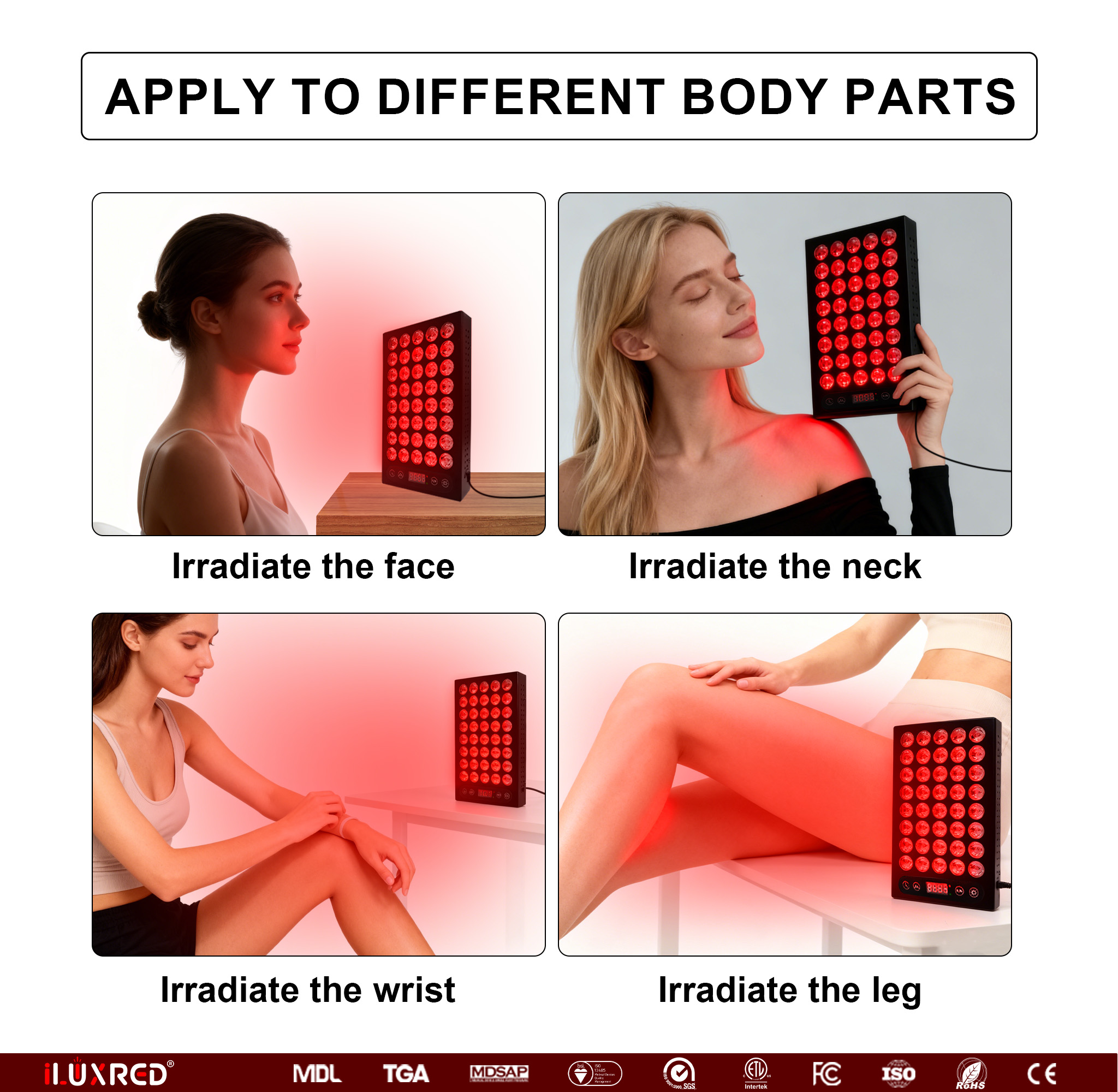 Panel de terapia de luz roja iLUXRED ST200-2 de alta irradiancia con chips duales de 5 longitudes de onda y pulso para el cuidado de la piel 14