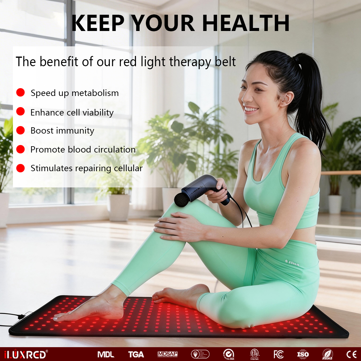 Cinturón de terapia de luz roja iLUXRED con LED infrarrojo para la cintura, 660 Nm, 850 Nm, masaje con calor, portátil, para uso doméstico. 3
