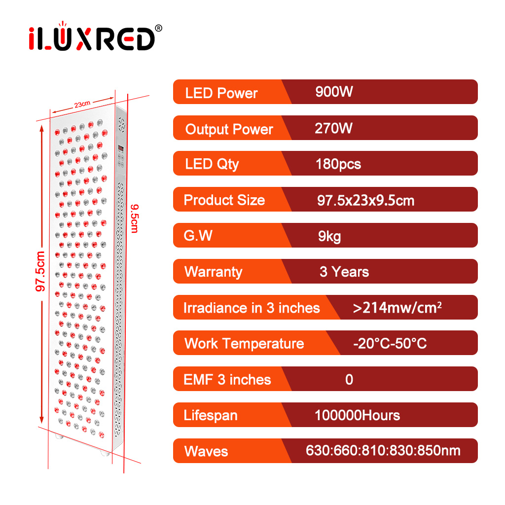 iLUXRED X900 Full Body 900W Home Use LED Light Therapy Panel Red Infrared Light Device with Movable Stand for Pain Relief 7