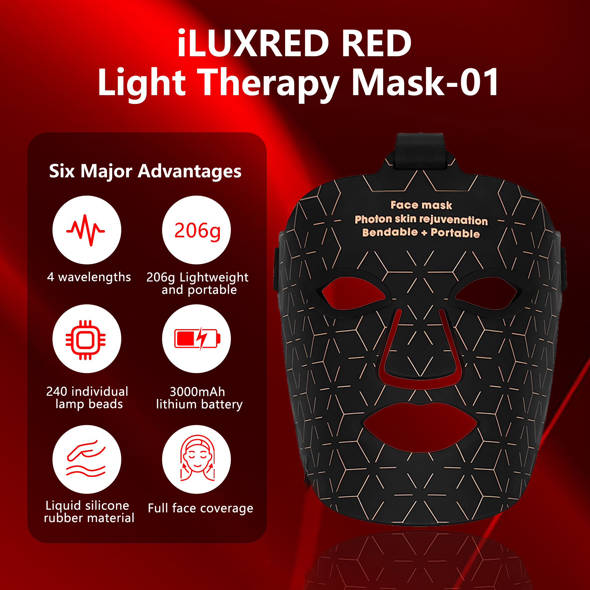 ILUXRED 510K FDA Professional Silicone Red Light Therapy Face Neck Mask Red Light Therapy Mask Led Facial Mask with battery 7