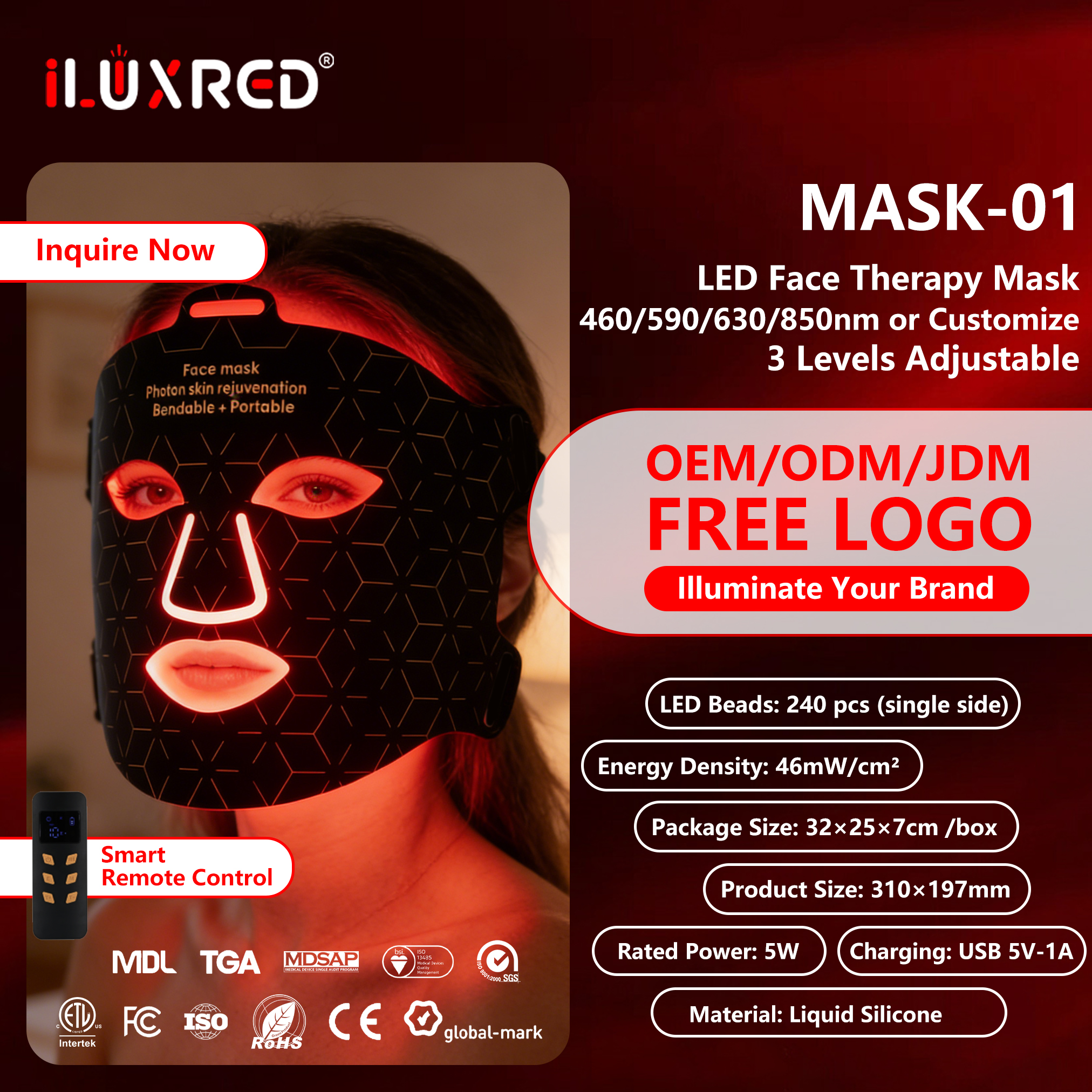 ILUXRED 510K FDA Professional Silicone Red Light Therapy Face Neck Mask Red Light Therapy Mask Led Facial Mask with battery 2