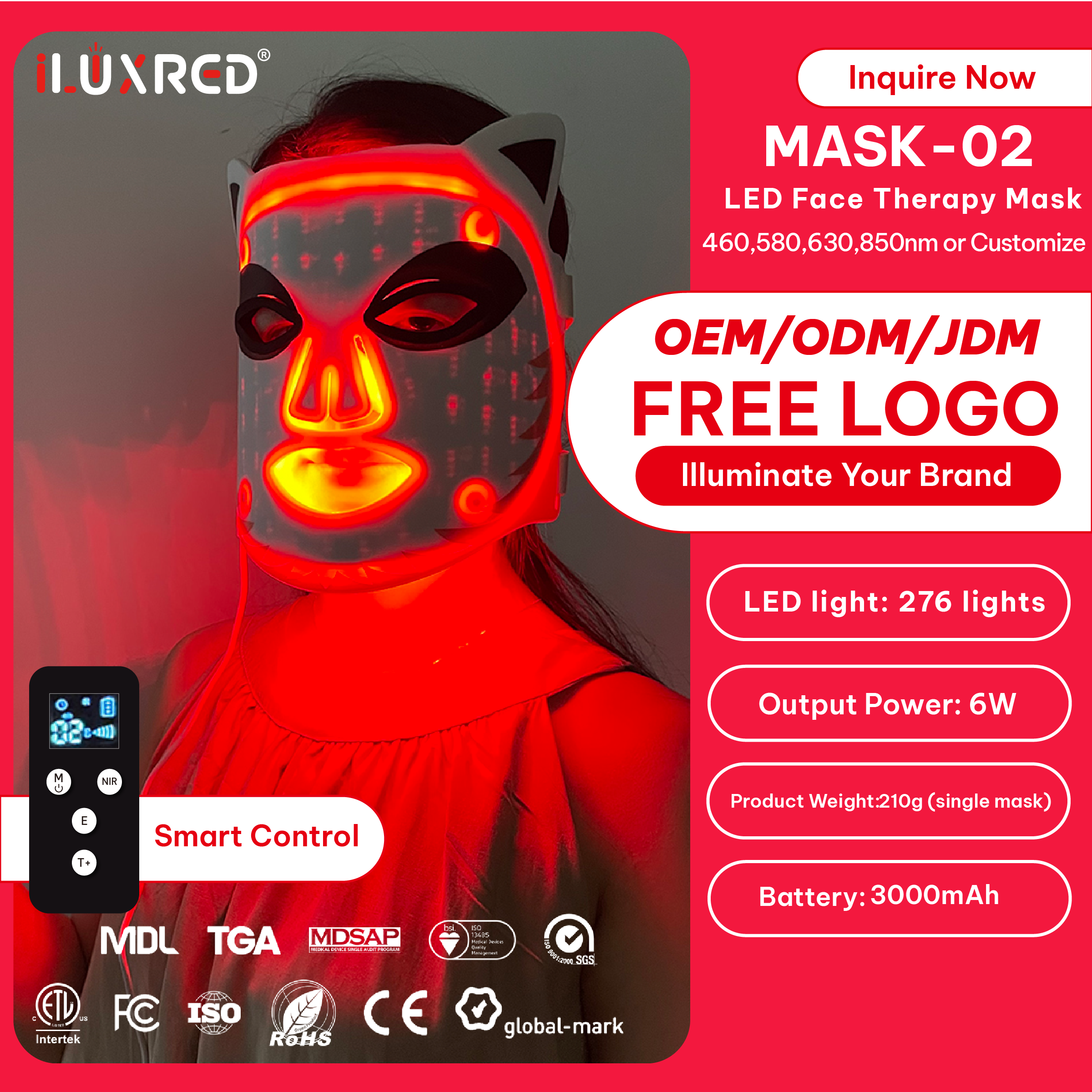 Máscara LED ILUXRED de 460 nm, 580 nm, 630 nm y 850 nm con terapia de luz roja. Cuatro chips. Máscara facial de luz roja con batería de 3000 mAh. 2