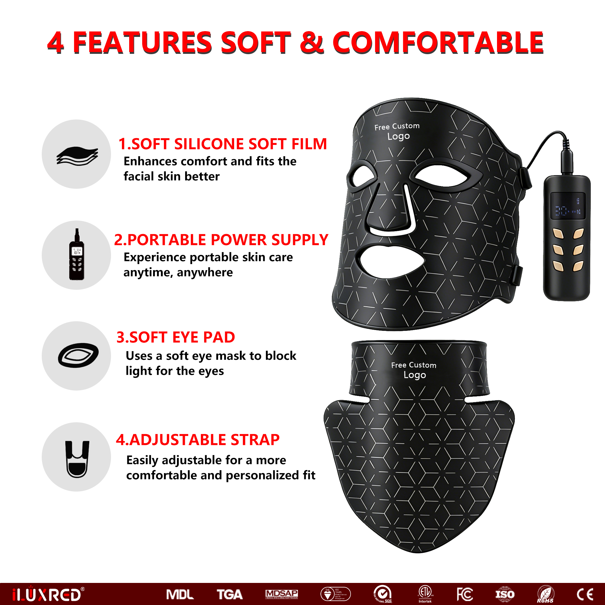 ILUXRED  Custom 460nm 580nm  630nm  850nm 4 Color Infrared Laser Led Masks Light Therapy Facial Beauty Red Light Therapy Mask Led Face Mask 5