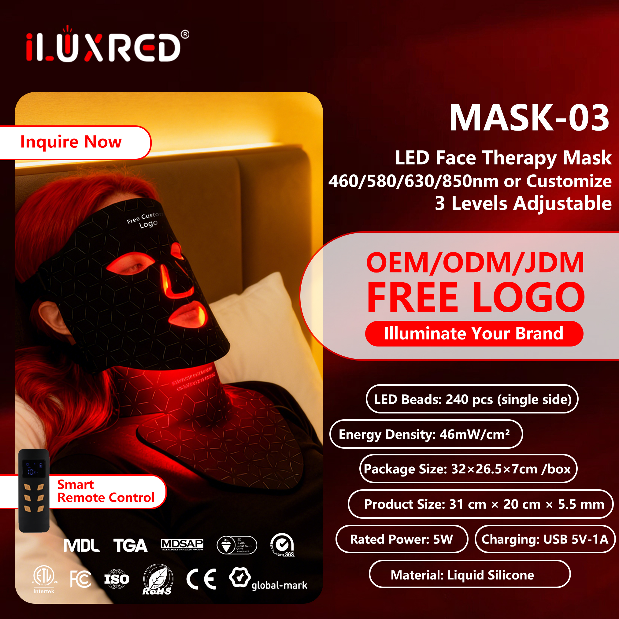 ILUXRED Professional 510K Approved Silicone Mask 4 Colors Blue Yellow Red LED Light Therapy Mask Red Light Therapy 2