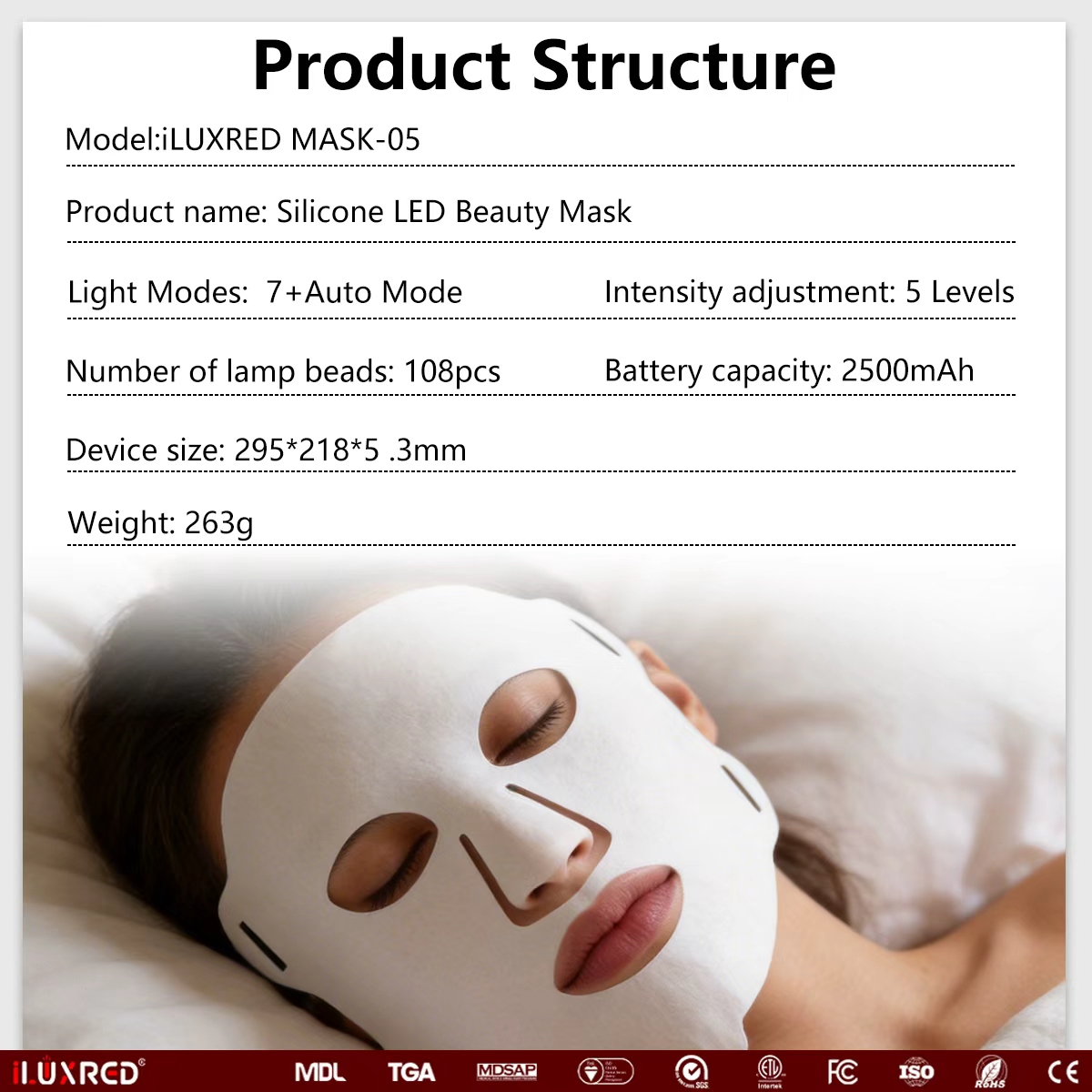 ILUXRED OEM/ODM Anti-Aging-Gesichtspflege-LED-Gesichtsmaske mit Rotlichttherapie 10
