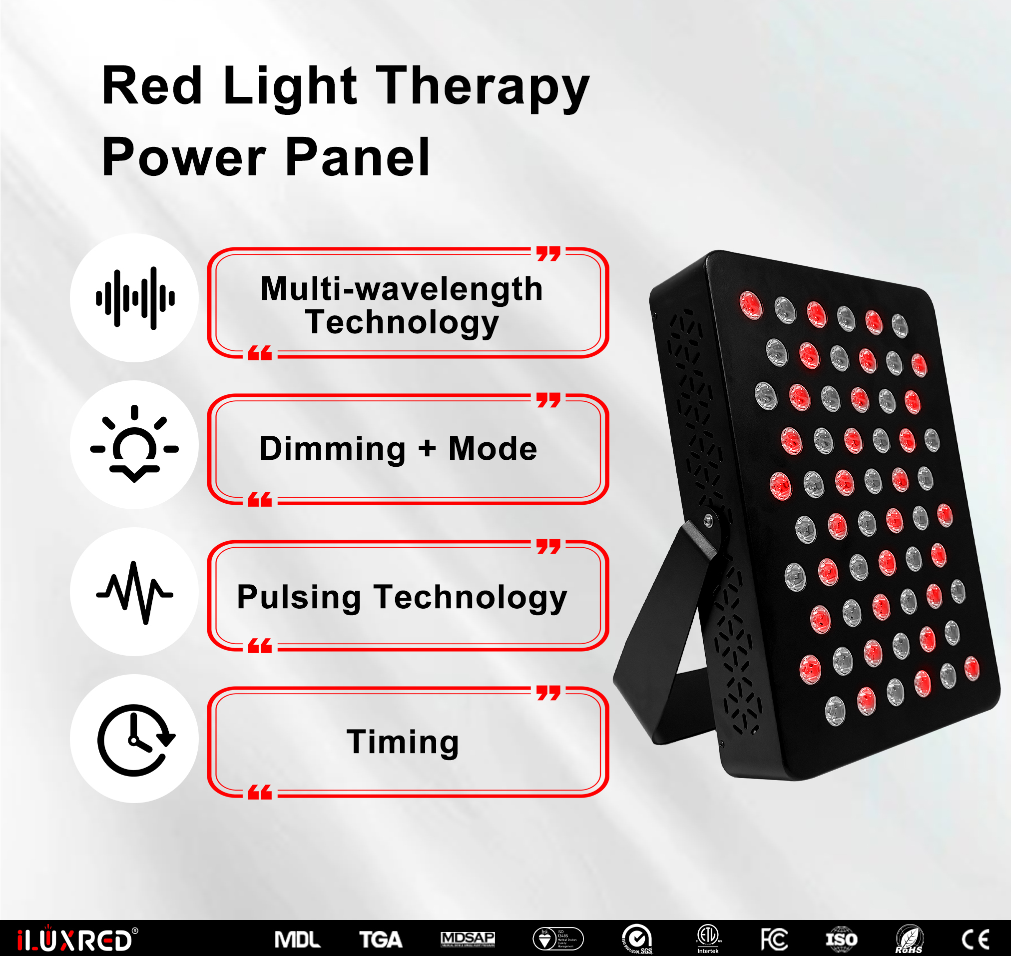 Panel de terapia de luz roja personalizado iLUXRED de 5 longitudes de onda con función de pulso 8