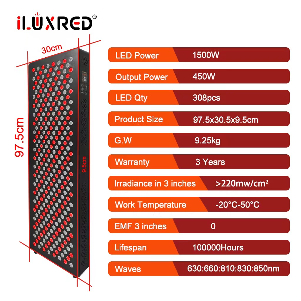 Panel de terapia de luz infrarroja cercana (IRL) profesional iLUXRED con pantalla a color de 5 longitudes de onda y 1500 W con ajuste de brillo. 10