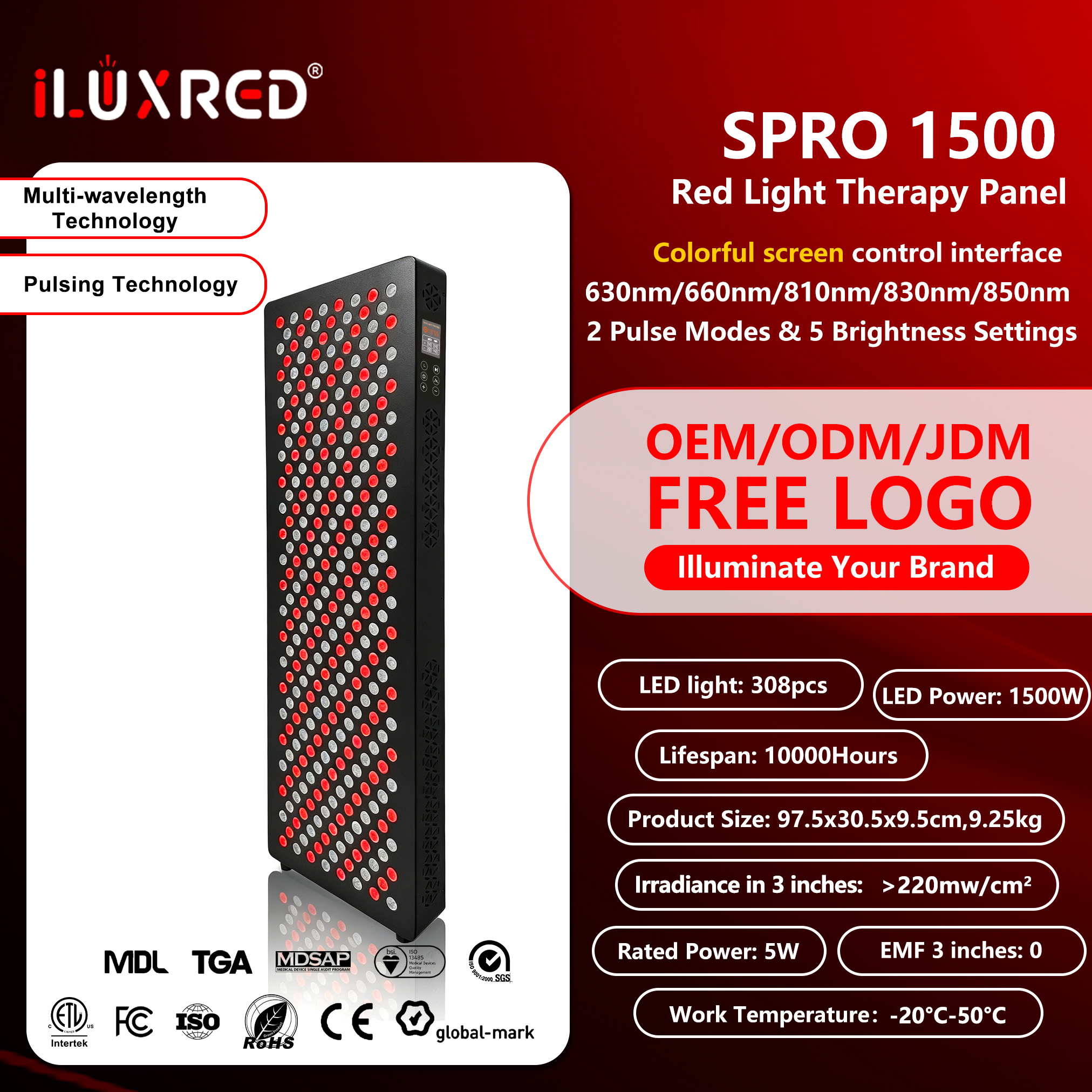 Panel de terapia de luz infrarroja cercana (IRL) profesional iLUXRED con pantalla a color de 5 longitudes de onda y 1500 W con ajuste de brillo. 2