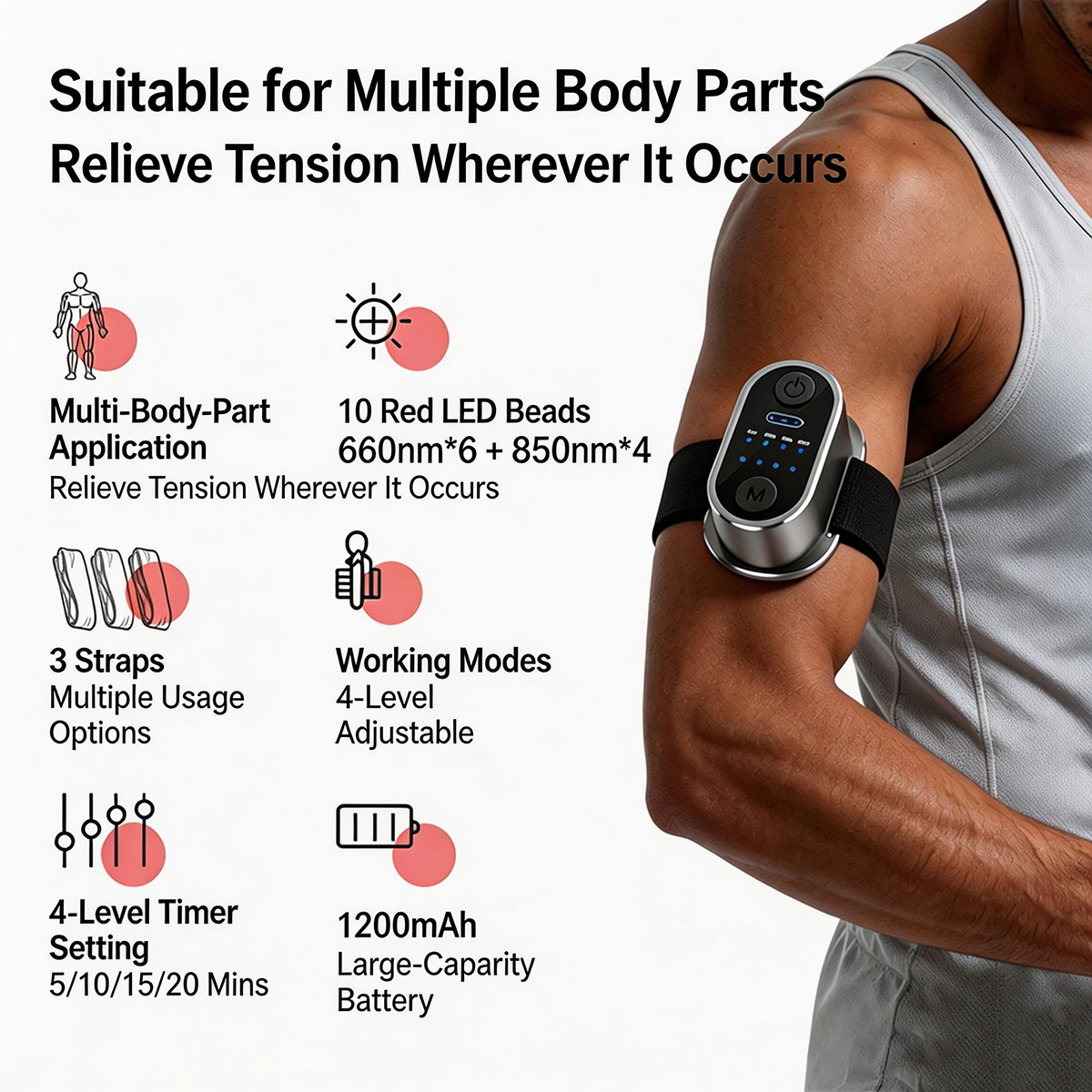 Dispositivo de terapia de luz roja focalizada iLUXRED, mini panel portátil de 630 nm y 850 nm, 10 LED, 4 niveles ajustables, batería recargable de 1200 mAh. 3
