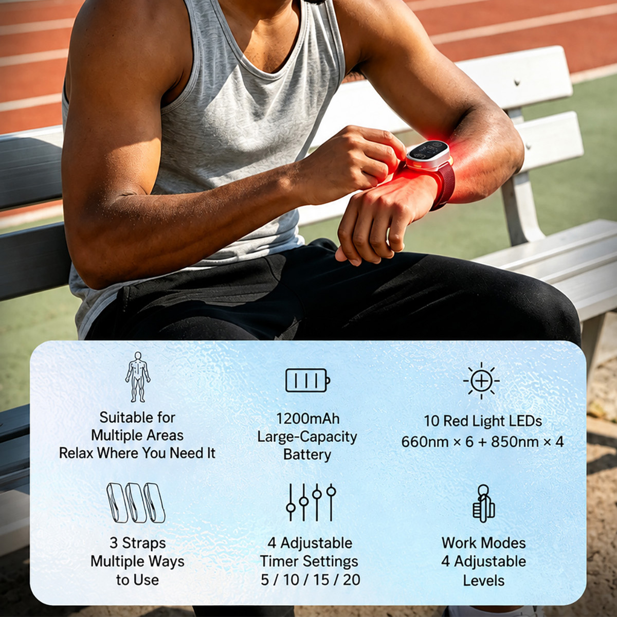 Dispositivo de terapia de luz roja focalizada iLUXRED, mini panel portátil de 630 nm y 850 nm, 10 LED, 4 niveles ajustables, batería recargable de 1200 mAh. 6