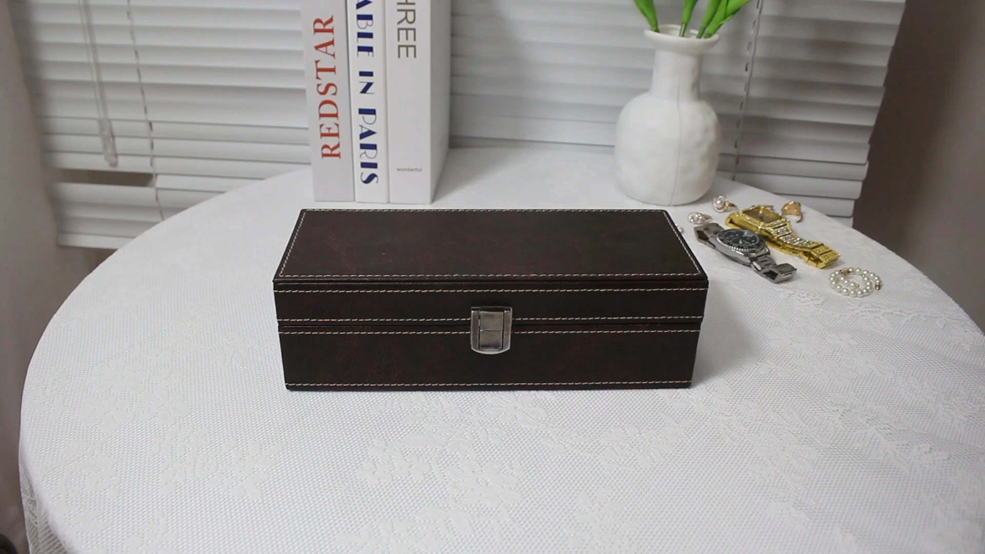 CF Wooden Velvet Watch Case with PU Leather Travel Clamshell Box 1