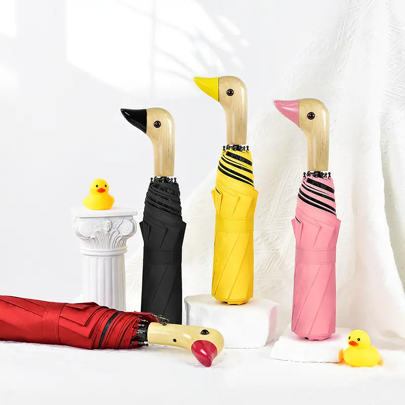 Duck Shape Handle UV Protection Folding Rain Umbrella Black Coating Inside 21 inch Three Fold Wooden Duck Head Umbrella 1