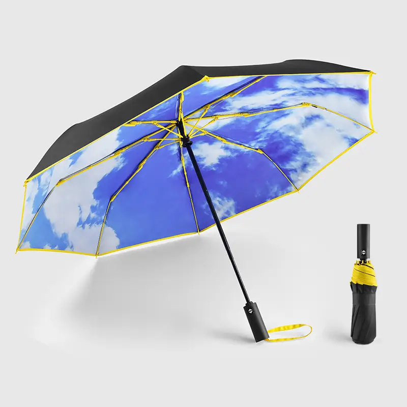 Côtes spéciales entièrement automatiques Trois couches doubles pliées à travers les nuages ​​bleus ciel à l'intérieur du parapluie pliant de pluie imprimé complet 1