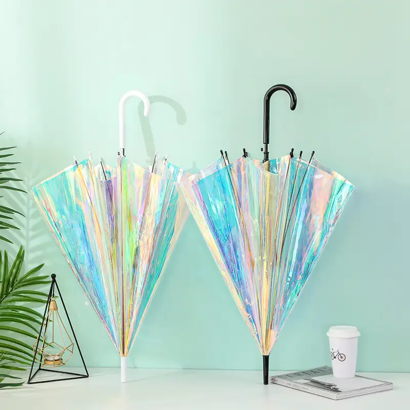 Auto Open Fashion Colorful Transparent Rainbow Straight Holographic Umbrella 1