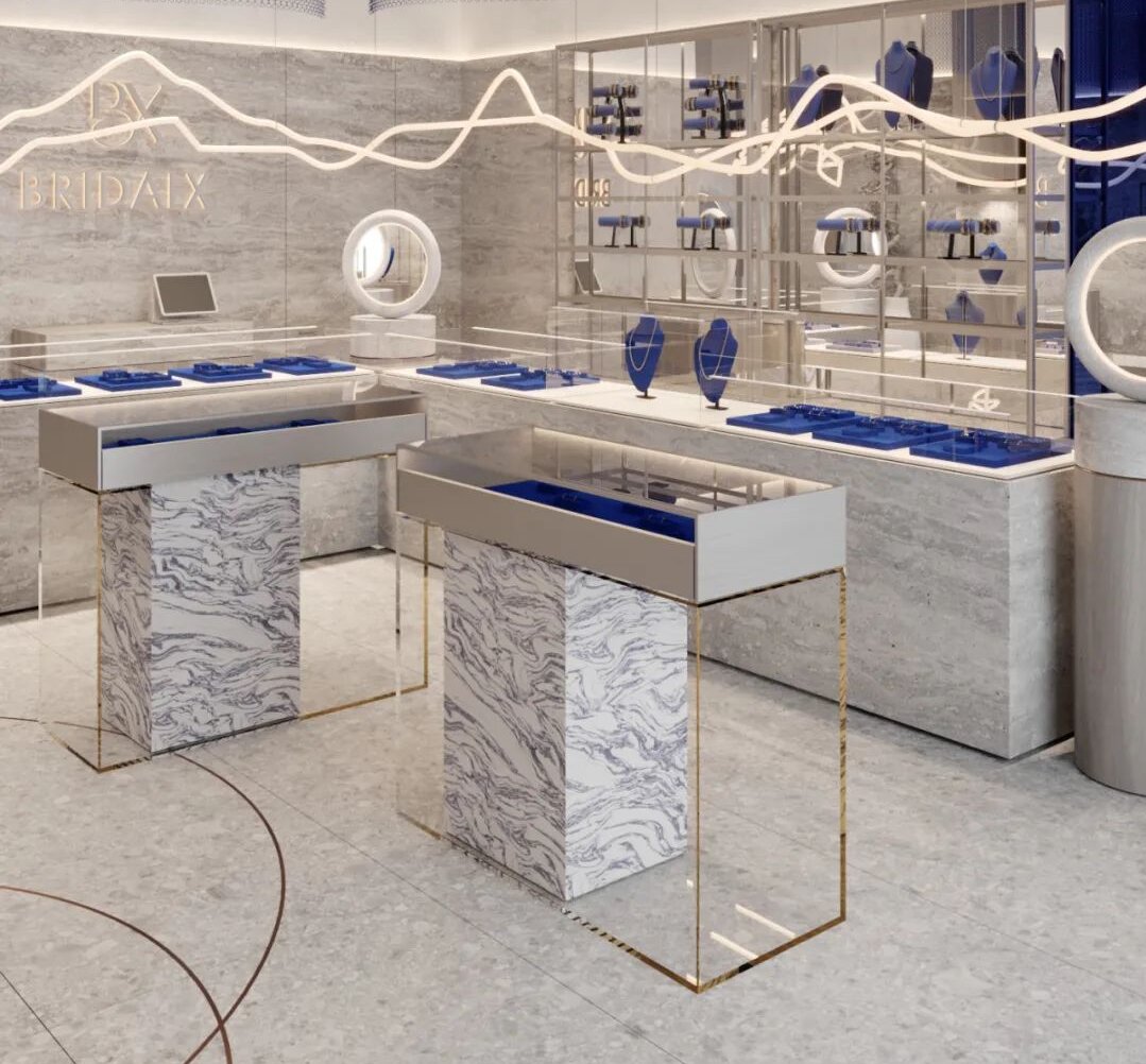 Gabinete de exhibición de encargo de lujo del acero inoxidable del mármol de la vitrina de la joyería de la tienda 1