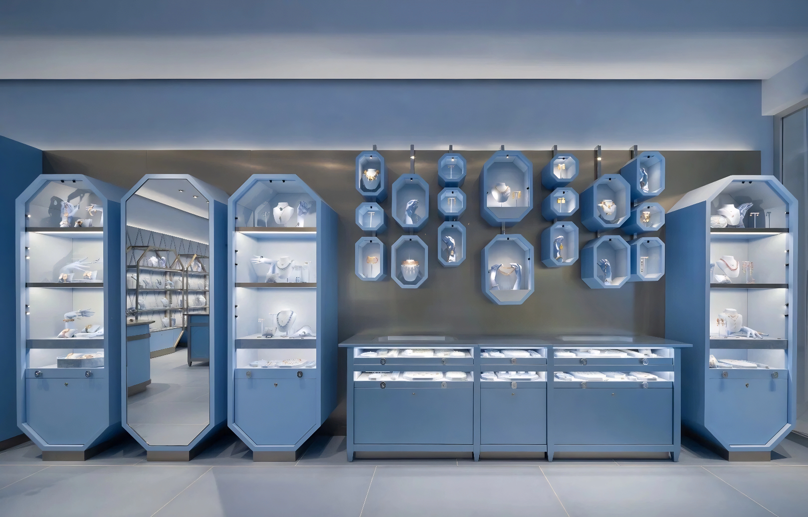 Diseño personalizado de exhibición de joyas comerciales de marca para exhibiciones únicas de joyeros 6