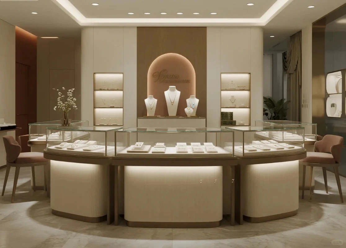 مجموعات عرض المجوهرات الفاخرة المنحنية على شكل جزيرة: أضف لمسة جديدة من الأناقة إلى متجرك وعرض مجوهراتك 1