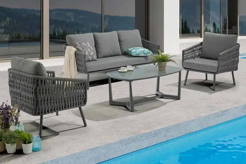 Kanpoko aluminiozko egongelako sofa multzoa olefina ehundutako sokarekin 1