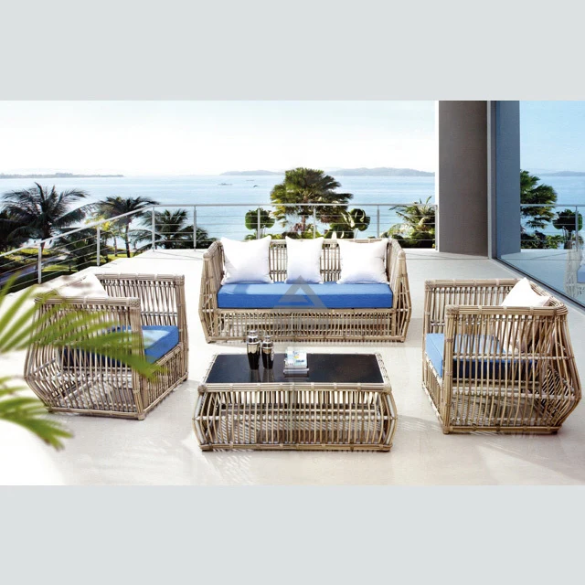 Conjunto de sofás de mimbre y ratán de aluminio, muebles de exterior para jardín 1