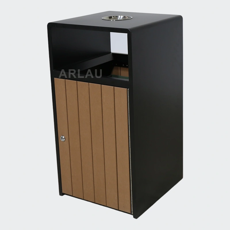 powder coating outdoor wood trash bin with ashtray 1