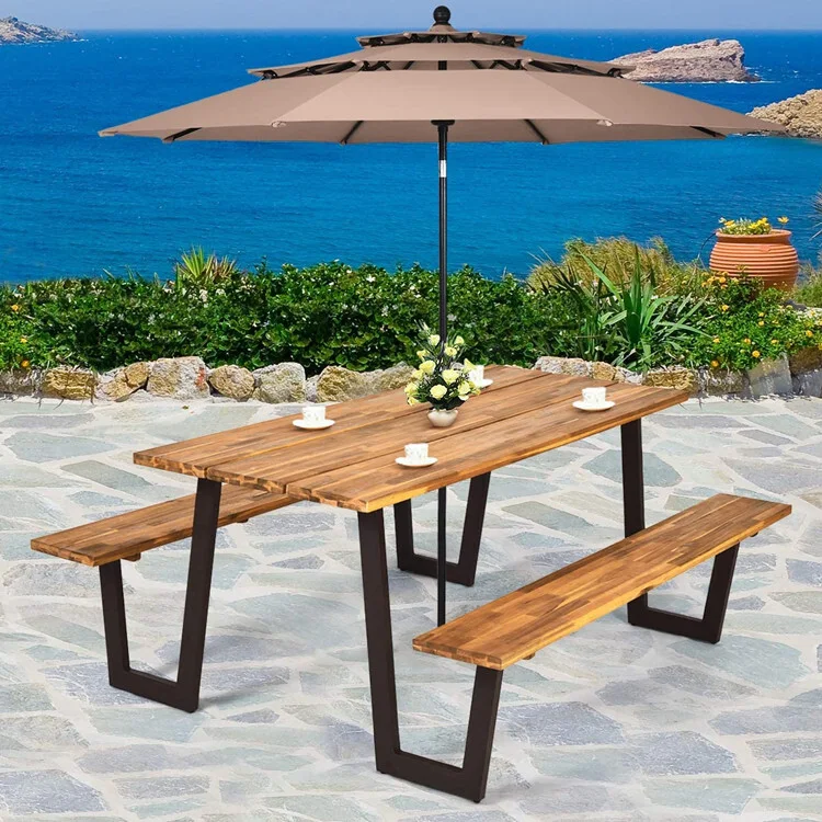 Rectangular Wooden Picnic Table with Attached Seats 1