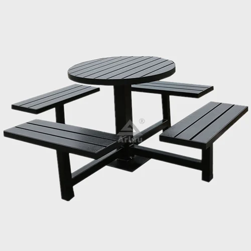 Round steel and wood picnic table with 4 seats 1