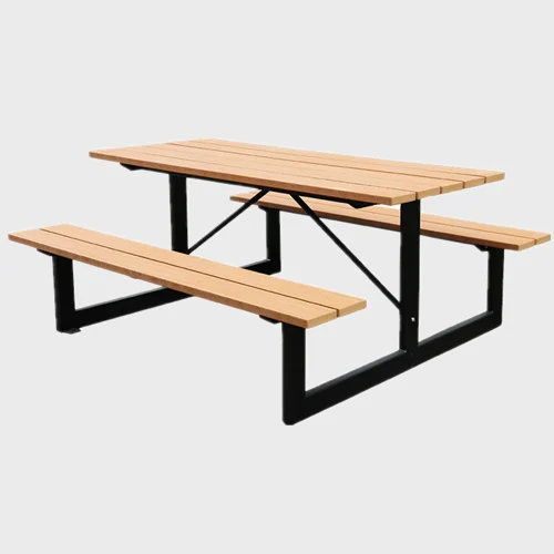 Outdoor picnic wood table with attached bench 1