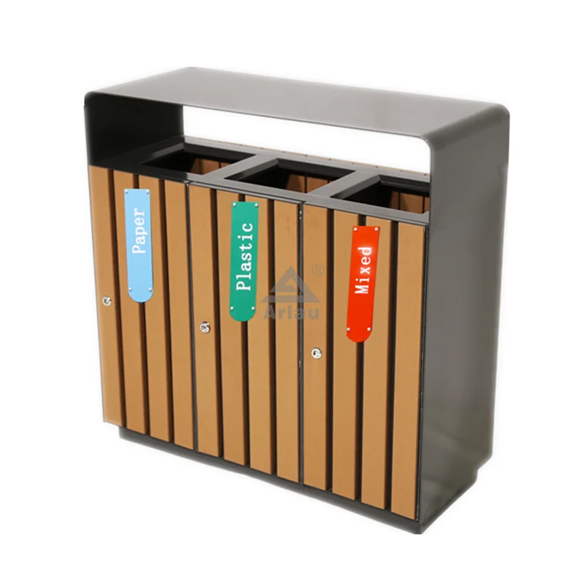 Poubelle de recyclage des déchets de tri à 3 compartiments en bois public extérieur 1