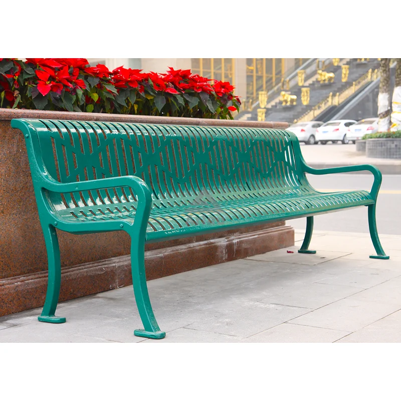 Long patio park slatted steel bench 1