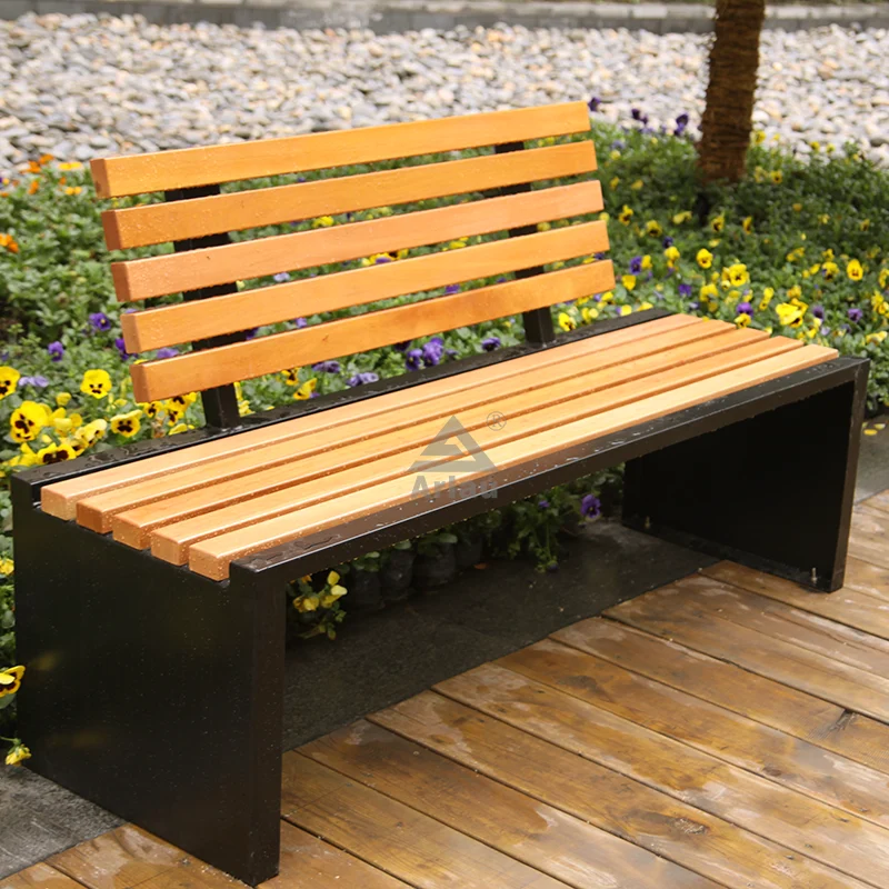 Patio garden bench with metal legs and wooden seat 1