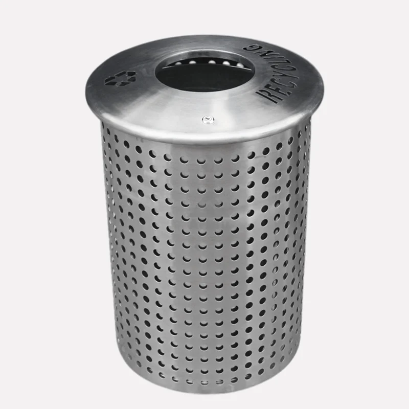 Outdoor Round Perforated Metal Trash Bin 1