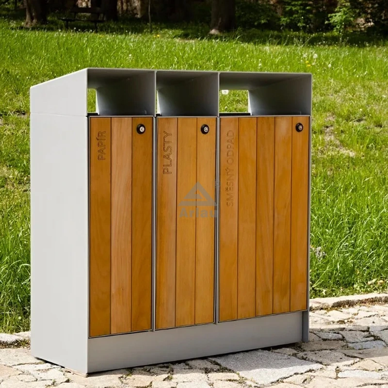 Poubelle triple en acier et bois Street Park 1