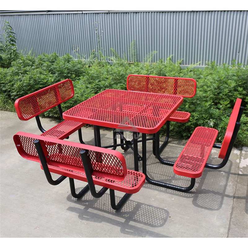 Outdoor expanded metal picnic dining table with backrest 1