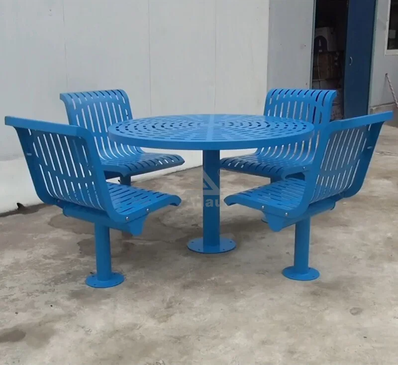 Outdoor round slatted steel picnic table and 5 chairs 1