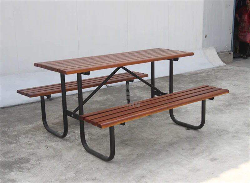 Outdoor unfoldable wooden table with two benches 1