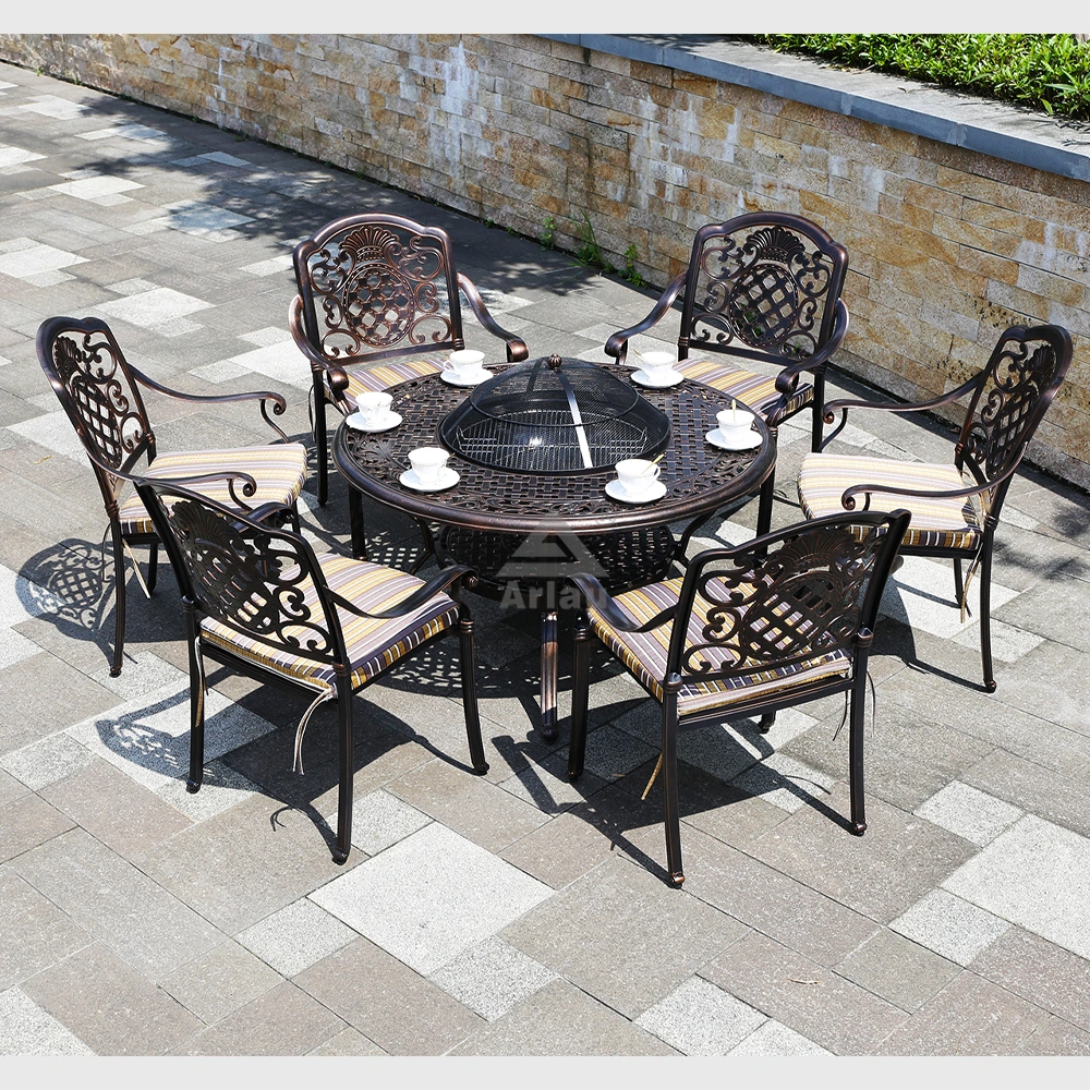 Outdoor Waterproof Metal Patio Cast Aluminum Antique Finish Copper Garden Dining Table and Chairs 1
