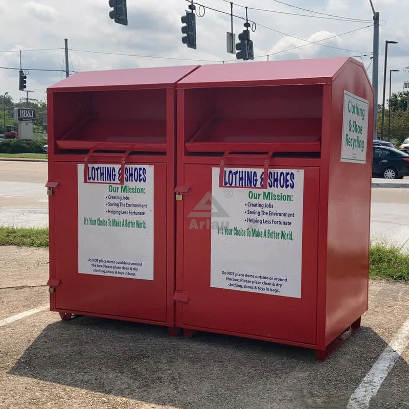 Community public parking lot large clothes shoes donation bins 1