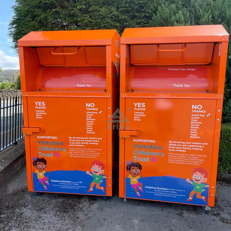 Outdoor metal shoe and clothing drop off recycle bin for sale 1