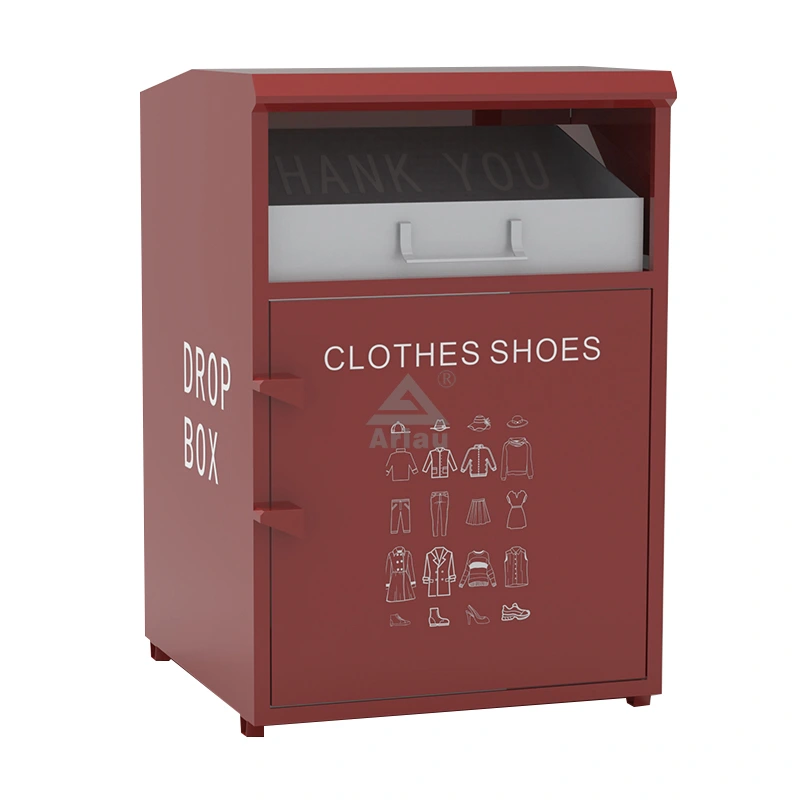 Old clothes and shoe donation drop off container recycling bin 1