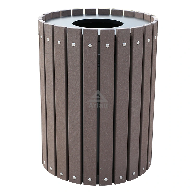 Contenedor de basura circular de madera de plástico resistente para exteriores, de gran capacidad, resistente al sol y a la corrosión, fácil de limpiar. 1
